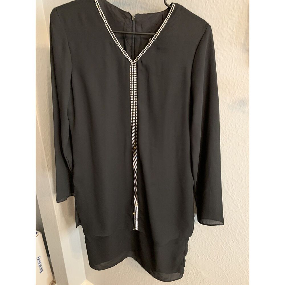 Nicole Paris Size 6 Black Short‎ Dress With Bling Straight Long Sleeve